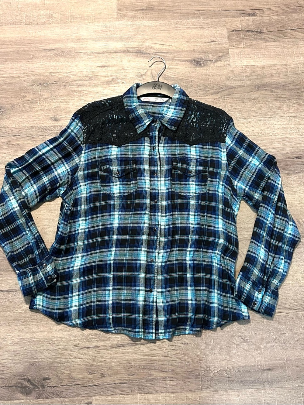 Cumberland Outfitters Blue & Black Plaid Shirt with Lace Yoke